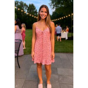 Vintage Pink Floral Spaghetti Strap Dress With Ruffle Hem XL